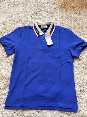 Gucci Men's Cobalt Blue Polo with Contrast Stripe Collar
